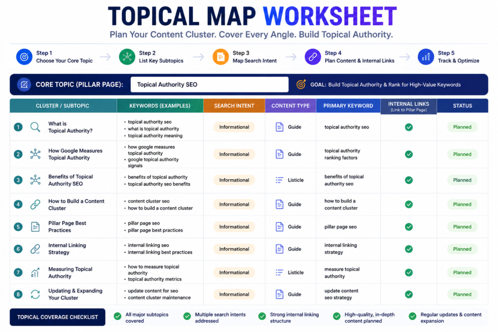 Topical map SEO content planning worksheet displaying pillar page topics, content clusters, search intent, keywords, and internal linking structure for building topical authority.