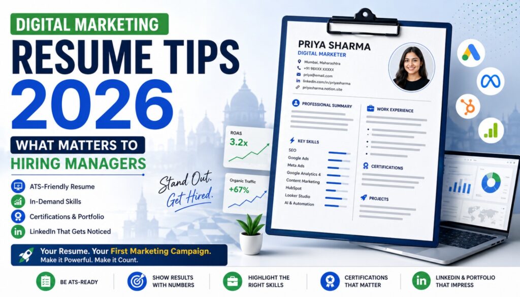 Digital Marketing Resume Tips 2026 cover image featuring an ATS-friendly resume, digital marketing skills, certifications, portfolio links, and hiring manager requirements.