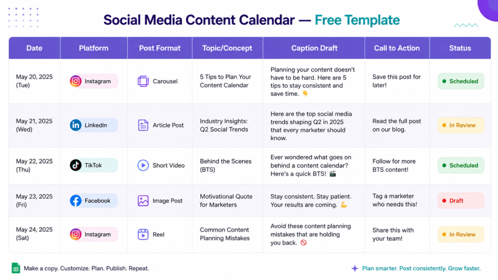 Social Media Content Calendar free template for planning 30 days of social media posts across Instagram, LinkedIn, TikTok, and Facebook