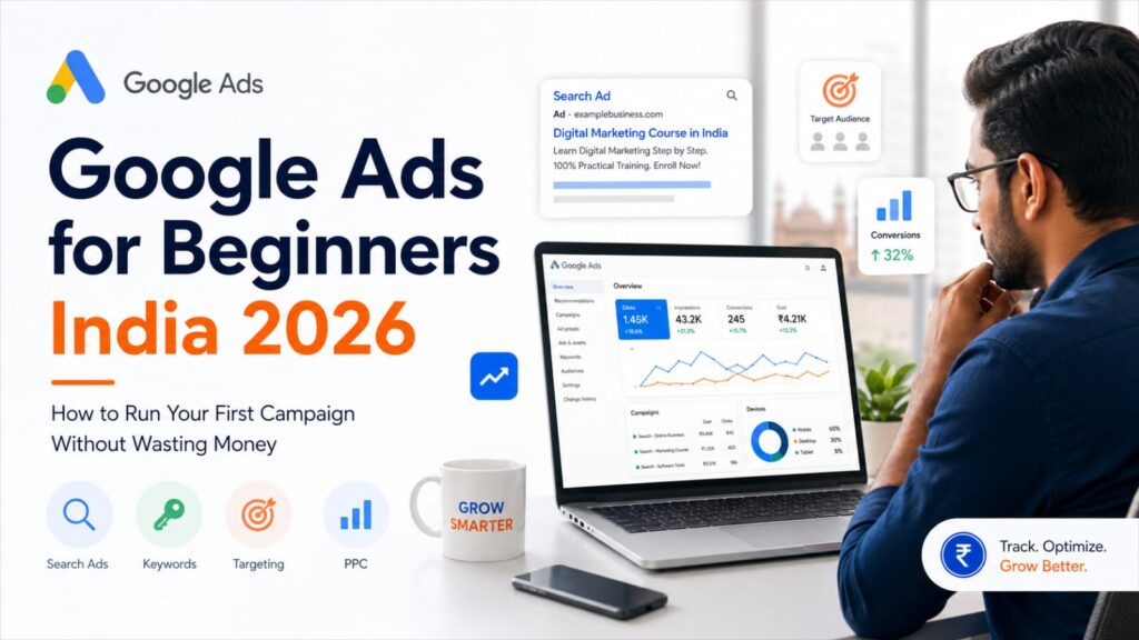 Google Ads for Beginners India 2026 cover image showing campaign dashboard, keyword targeting, PPC advertising, and performance tracking