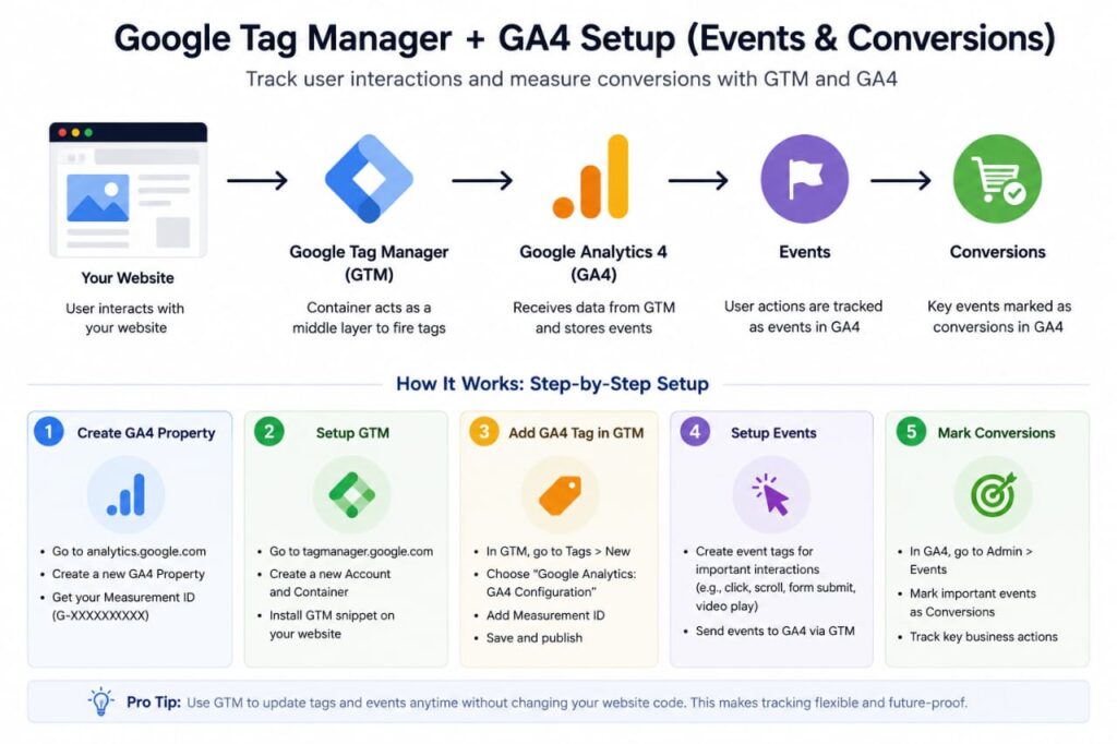 GA4 for Beginners in India using Google Tag Manager and Google Analytics 4 for event tracking and conversion setup