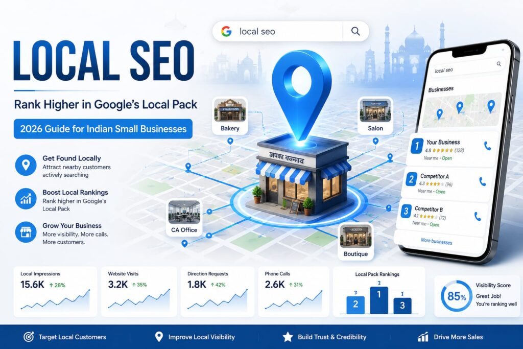 Local SEO guide for Indian small businesses showing Google Local Pack rankings, Google Business Profile optimisation, local search visibility, reviews, and map listings in 2026