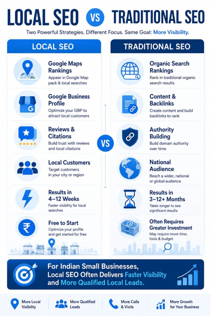 Local SEO vs Traditional SEO for Small Businesses Local SEO vs traditional SEO infographic comparing Google Maps rankings, Google Business Profile, reviews, local customers, backlinks, authority building and search visibility