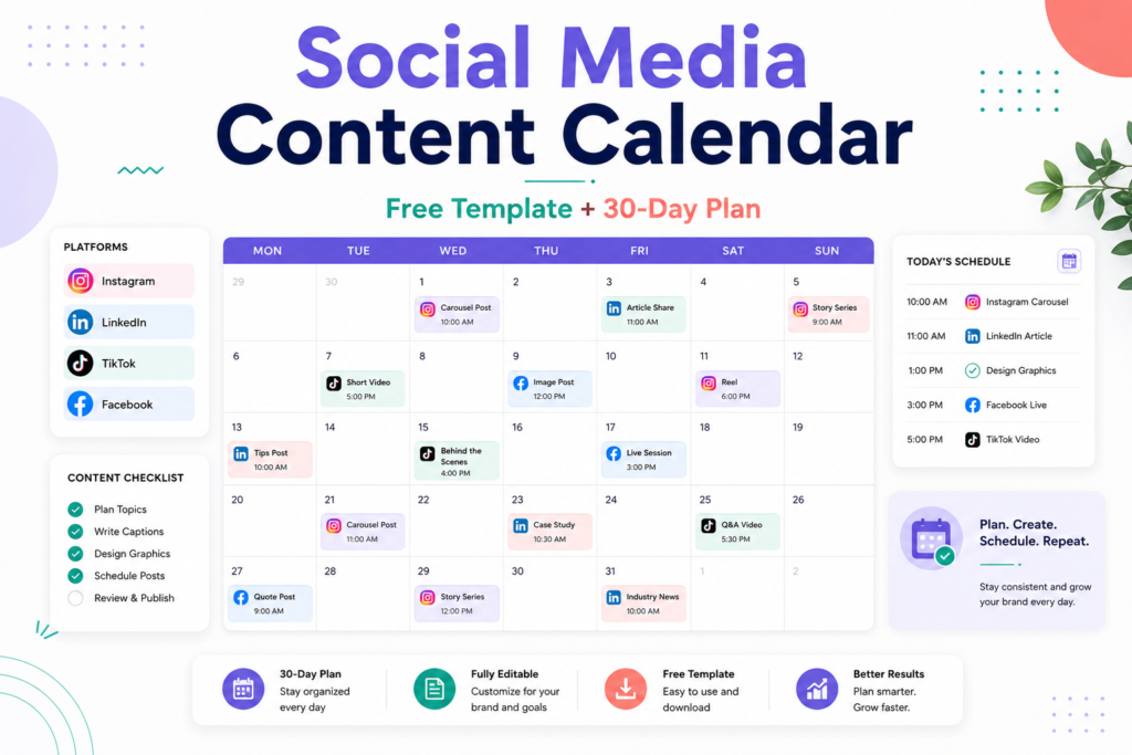 Social Media Content Calendar free template with 30-day content planning schedule for Instagram, LinkedIn, TikTok, and Facebook