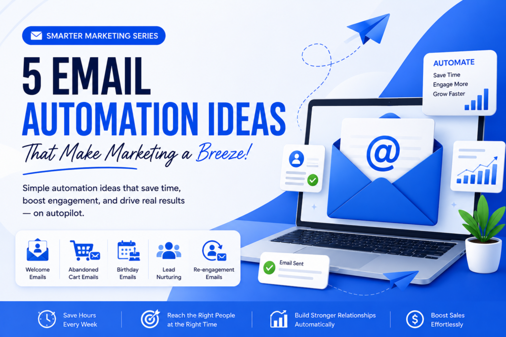 Email automation ideas cover image showing automated email marketing workflows, welcome emails, lead nurturing, abandoned cart recovery, and customer engagement