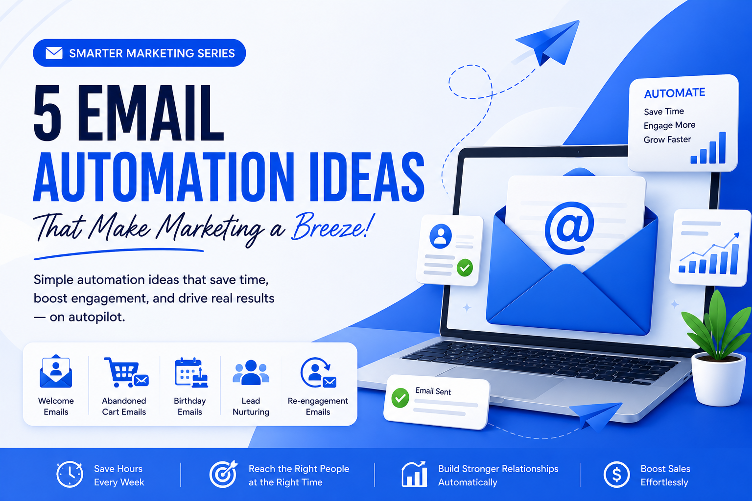 Email automation ideas cover image showing automated email marketing workflows, welcome emails, lead nurturing, abandoned cart recovery, and customer engagement