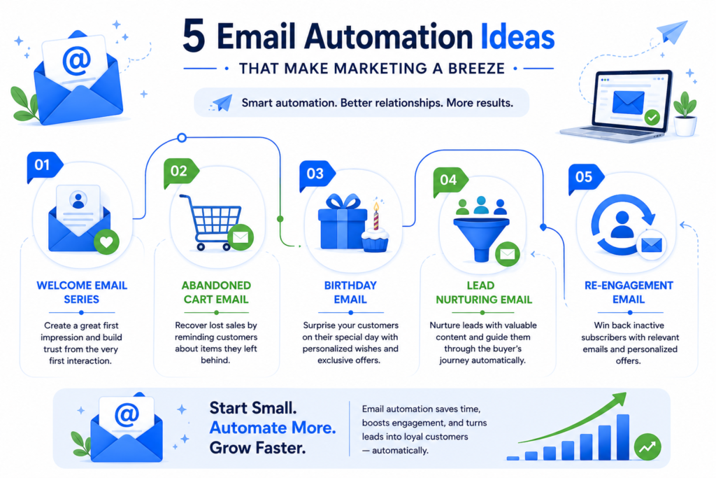 Infographic showing five email automation ideas, including welcome emails, abandoned cart reminders, birthday emails, lead nurturing, and re-engagement campaigns