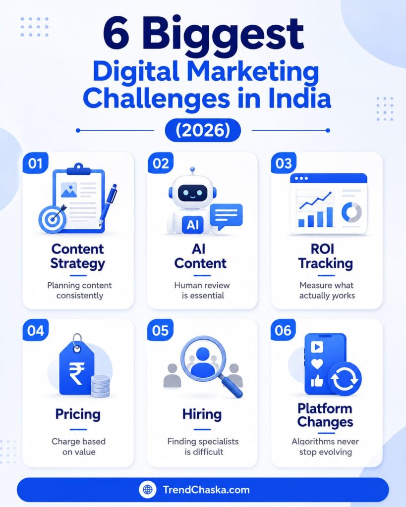 Digital Marketing Challenges (2026) infographic showing six major digital marketing challenges in India including content strategy, AI content, ROI tracking, pricing, hiring, and platform changes.