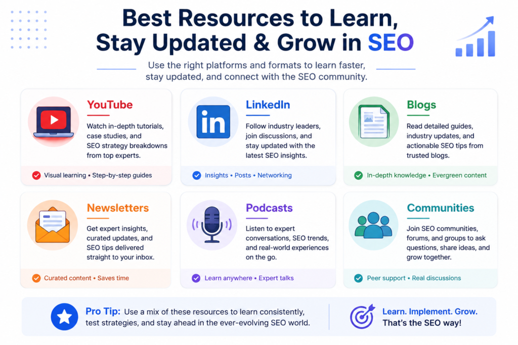 Best SEO Learning Resources for 2026 Best SEO learning resources infographic featuring YouTube, LinkedIn, blogs, newsletters, podcasts, and SEO communities