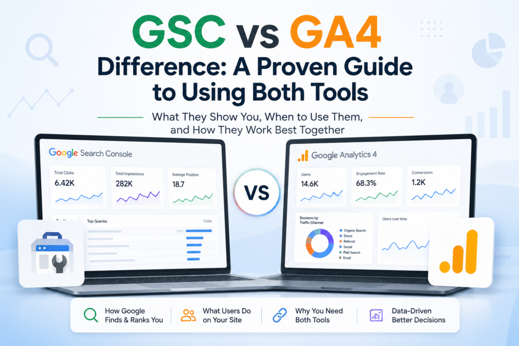 GSC vs GA4 difference infographic comparing Google Search Console and Google Analytics 4 for SEO, traffic analysis, rankings, impressions, and conversions.