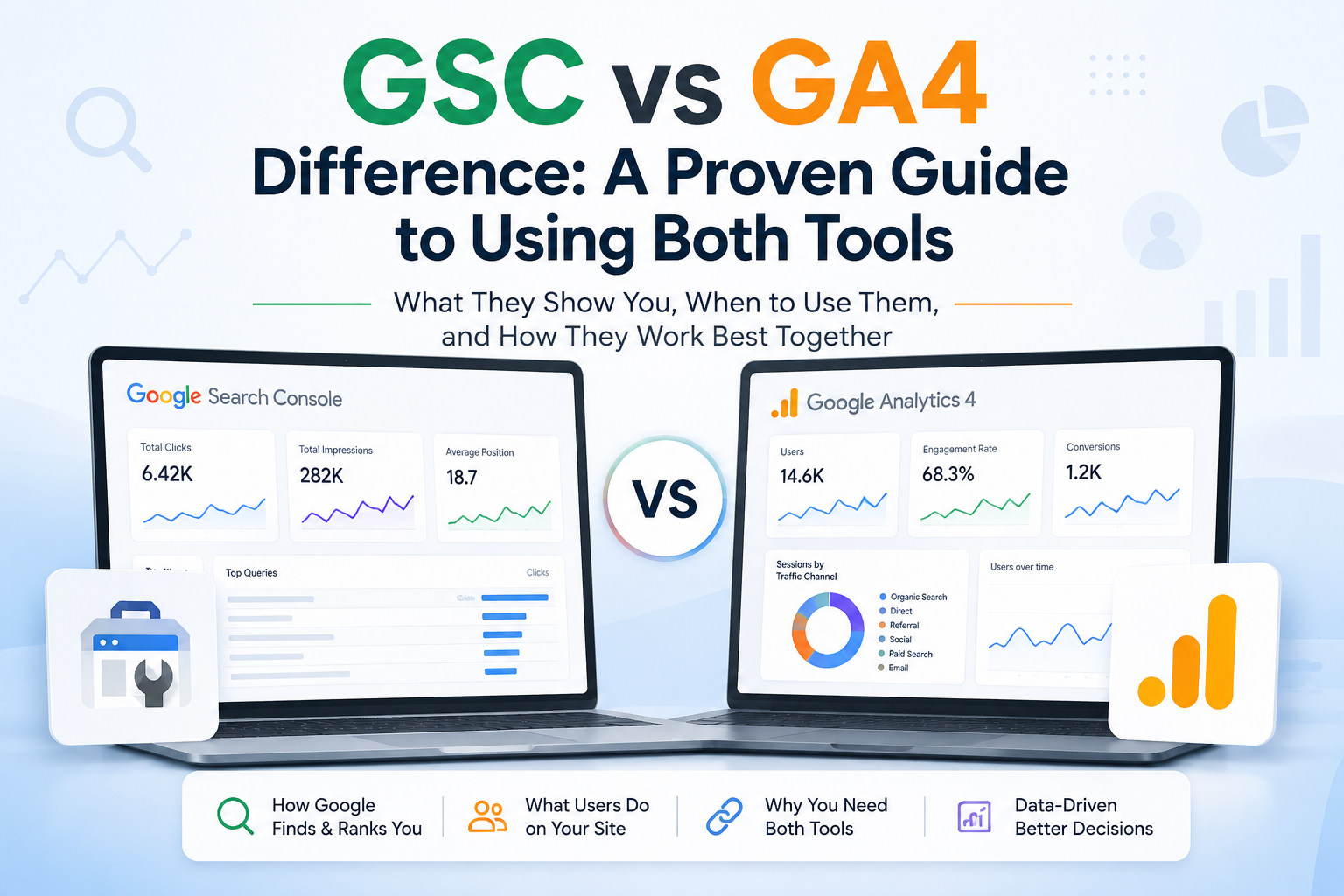 GSC vs GA4 difference infographic comparing Google Search Console and Google Analytics 4 for SEO, traffic analysis, rankings, impressions, and conversions.