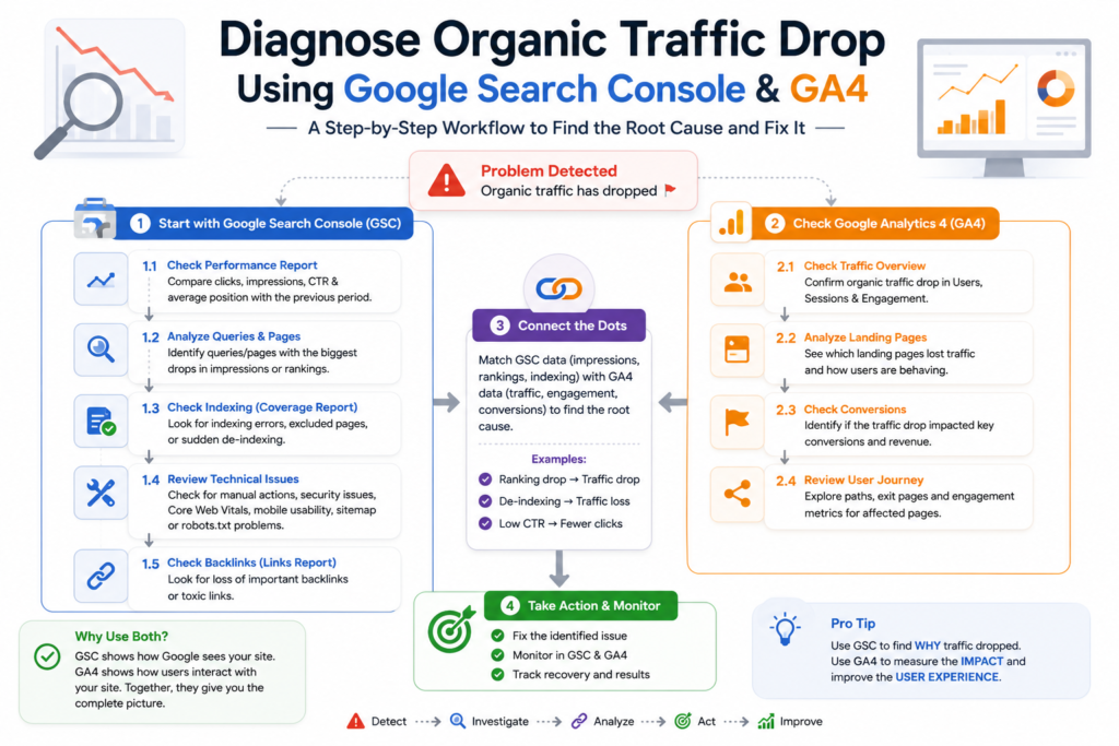GSC vs GA4 Difference Workflow for Diagnosing Organic Traffic Drops Workflow diagram explaining the GSC vs GA4 difference when diagnosing an organic traffic drop using Google Search Console and Google Analytics 4.