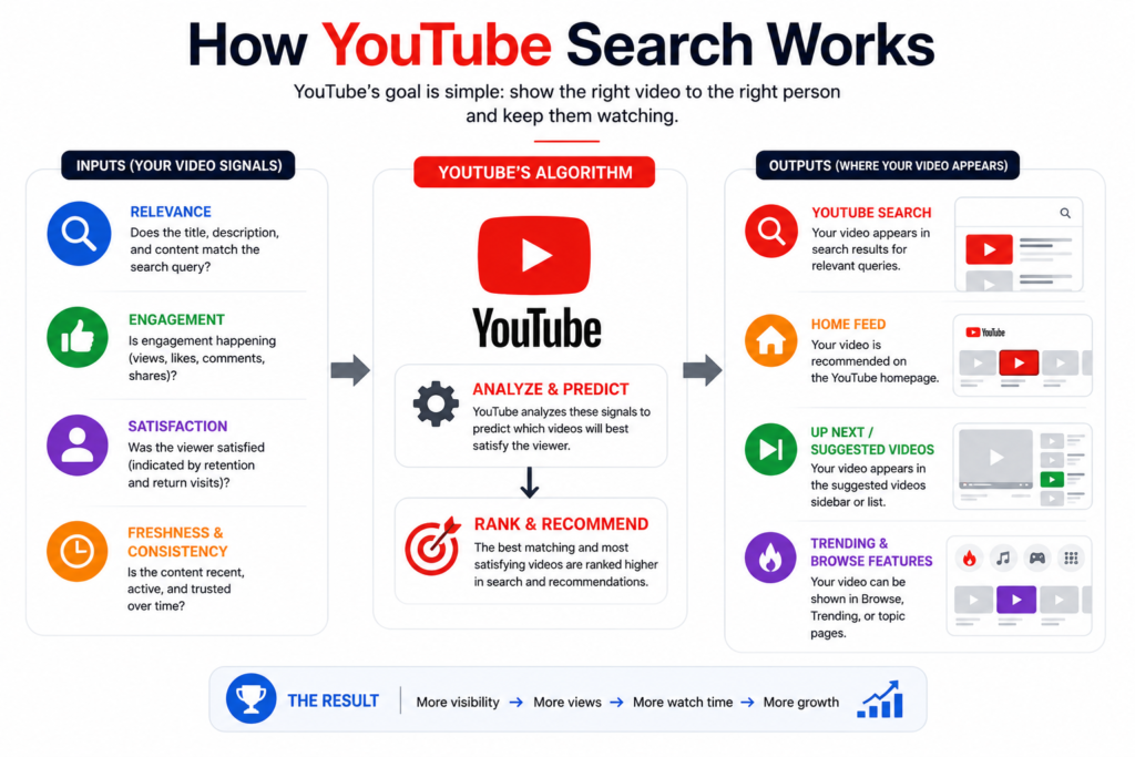How YouTube Search Works Algorithm Signals Explained How YouTube search algorithm works diagram showing relevance, engagement, viewer satisfaction, watch time, and recommendation signals.