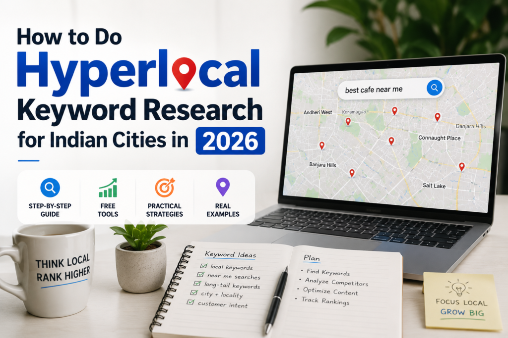 Illustration of Hyperlocal Keyword Research for Indian Cities in 2026 showing local SEO, Google Maps, keywords, and city-based targeting