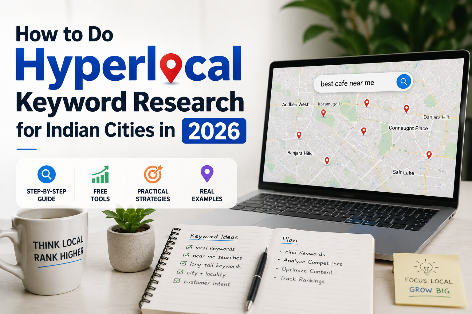 Illustration of Hyperlocal Keyword Research for Indian Cities in 2026 showing local SEO, Google Maps, keywords, and city-based targeting