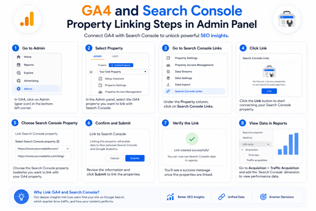 How to Link GA4 with Google Search Console Step-by-step guide to linking Google Analytics 4 with Google Search Console for integrated SEO and analytics reporting.