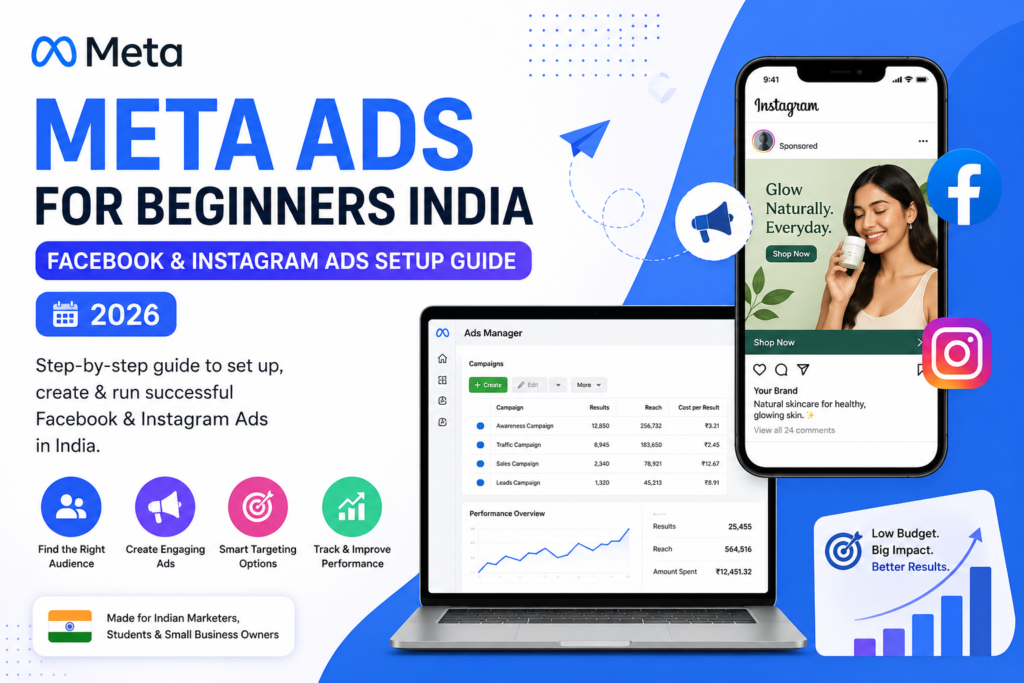 Meta Ads for Beginners India cover image showing Facebook and Instagram Ads Manager, campaign dashboard, smartphone ad preview, and step-by-step Meta advertising setup guide for 2026.