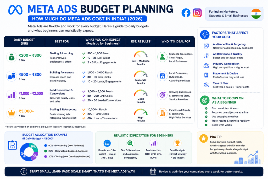 Meta Ads for Beginners – Daily Budget Planning Guide India 2026 Meta ads for beginners budget planning infographic showing daily Meta Ads budget ranges, expected results, beginner tips, and advertising costs in India for 2026.