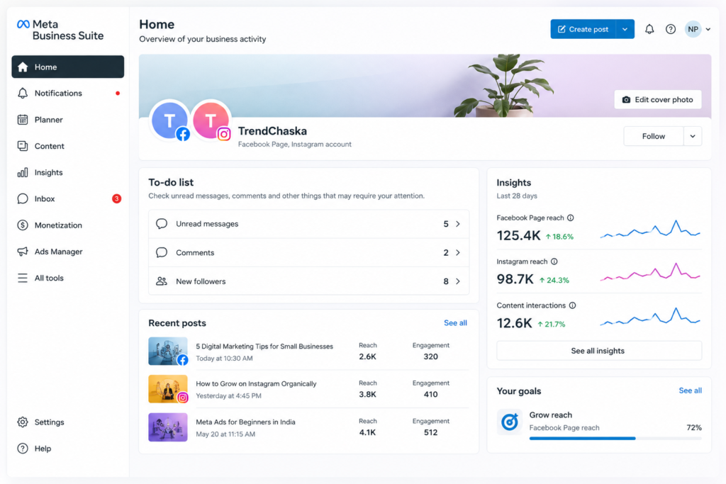 Meta Ads for Beginners – Meta Business Suite Dashboard Guide Meta ads for beginners illustration showing Meta Business Suite dashboard for managing Facebook Pages, Instagram accounts, and Ads Manager.
