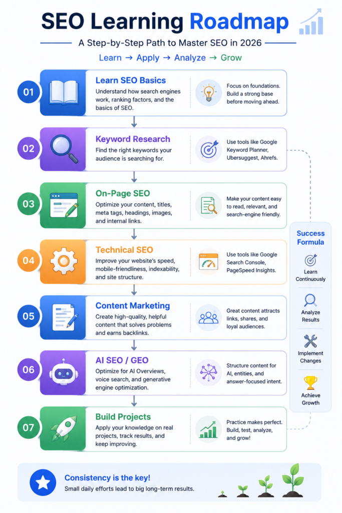 SEO Learning Roadmap for Beginners and Professionals (2026) SEO learning roadmap showing keyword research, on-page SEO, technical SEO, content marketing, AI SEO, GEO, and project building
