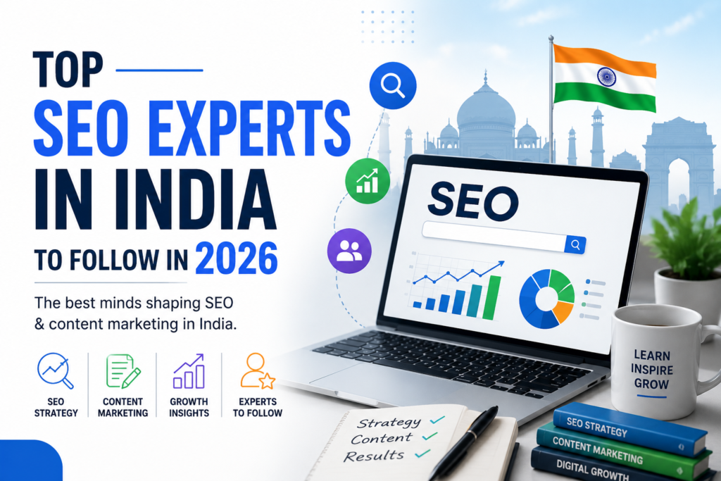 Top SEO experts in India to follow in 2026 with SEO, AI search, and content marketing illustrations