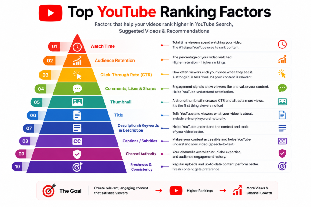 Top YouTube SEO Ranking Factors Chart Top YouTube SEO ranking factors chart highlighting watch time, audience retention, CTR, thumbnails, titles, descriptions, and channel authority.