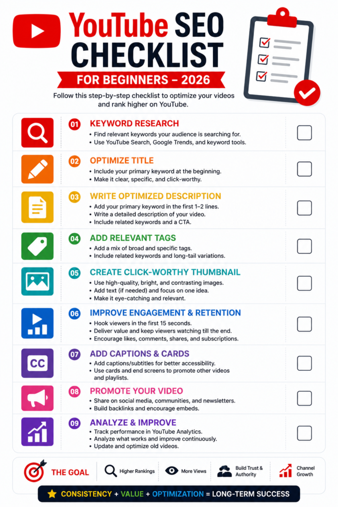 YouTube SEO Checklist for Beginners 2026 YouTube SEO checklist for beginners 2026 covering keyword research, optimized titles, descriptions, tags, thumbnails, engagement, and analytics.