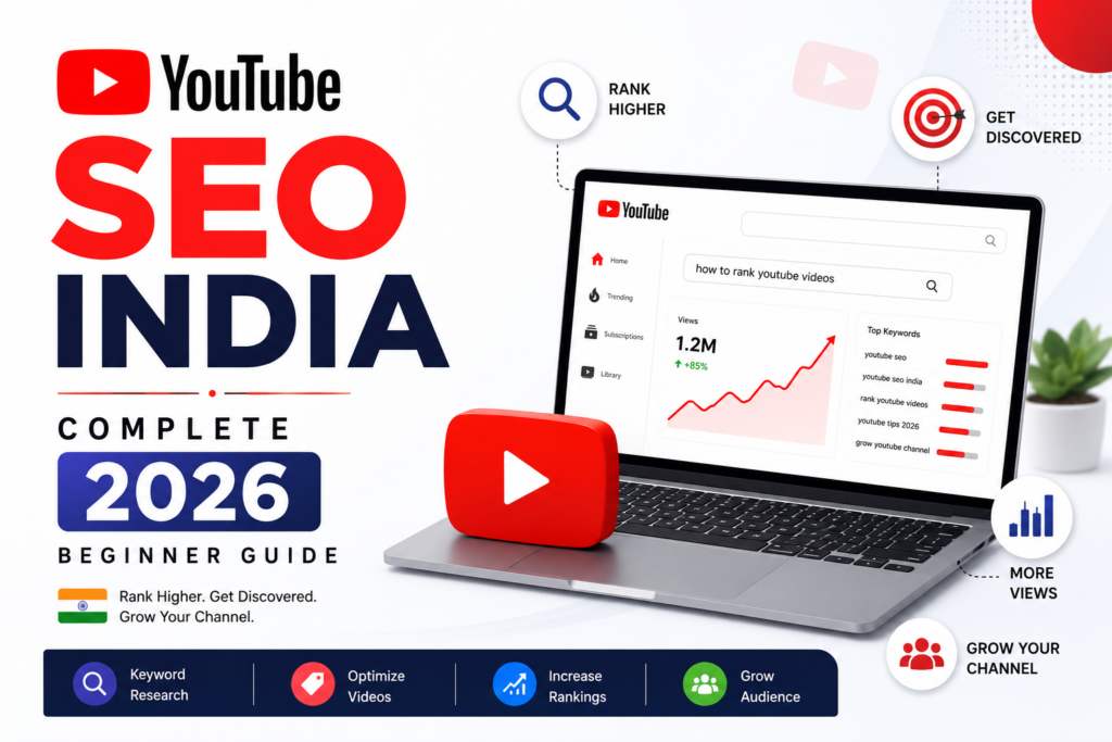 YouTube SEO India complete 2026 beginner guide showing keyword research, video optimization, YouTube analytics, and ranking strategies to improve video visibility.