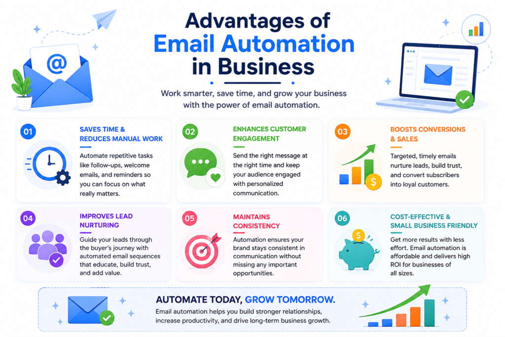 Advantages of email automation in business, including time savings, customer engagement, lead nurturing, and higher conversions