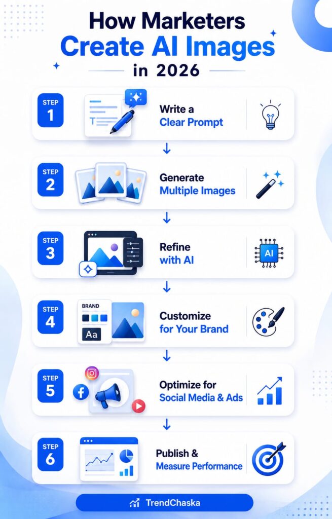 AI image generation workflow showing how marketers use free tools to write prompts, generate images, customize branding, optimize social media ads, and publish marketing visuals.