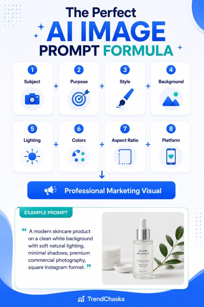 AI image prompt formula showing subject, purpose, style, lighting, colors, aspect ratio, and platform for AI image generation using free tools.