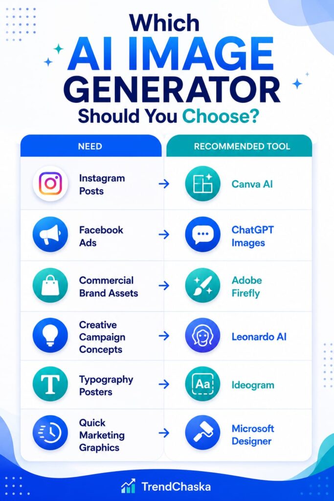 Decision guide comparing AI image generation free tools with free plan options for creating Instagram posts, Facebook ads, commercial brand assets, typography posters, and marketing graphics.