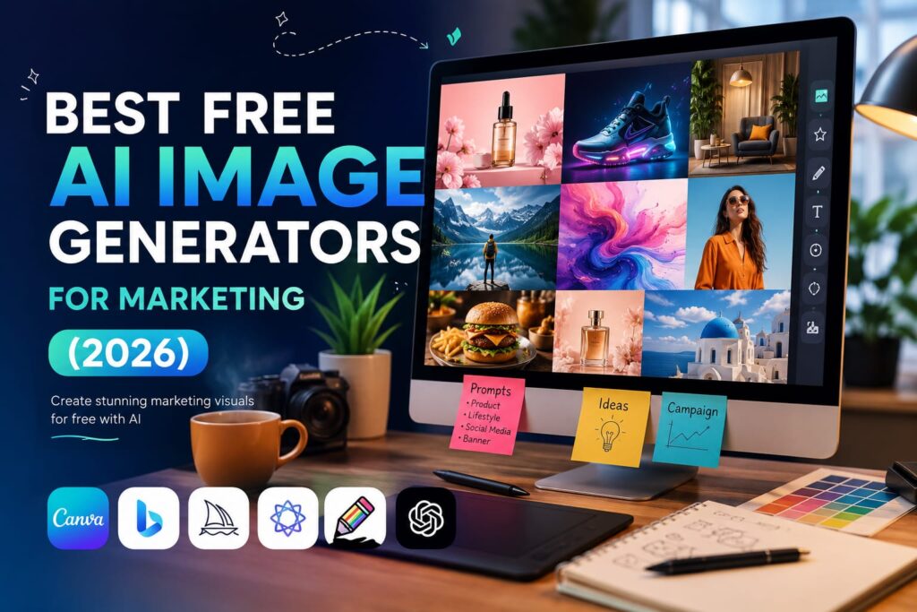 Best free AI image generators for marketing in 2026 showing AI tools used to create social media posts, ad creatives, product images, blog graphics, and marketing visuals.