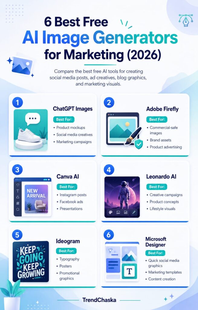 Comparison of AI image generation free tools with free plan options for creating marketing visuals, social media posts, ad creatives, and blog graphics in 2026.