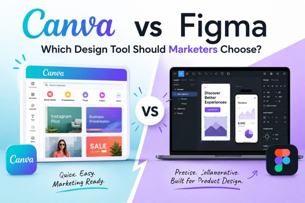 Canva or Figma comparison showing Canva and Figma interfaces for digital marketers choosing the best design tool