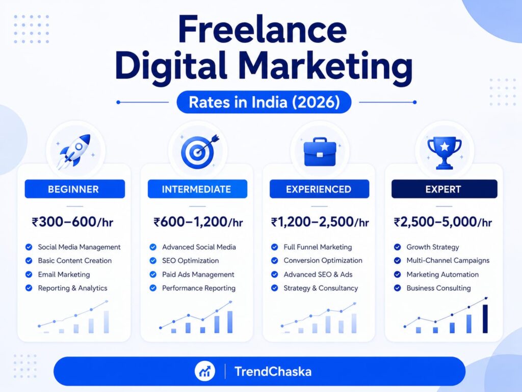 Infographic showing freelance digital marketers' hourly rates in India for beginners, intermediate, experienced, and expert professionals in 2026.