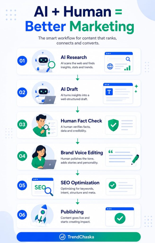 Digital marketing trends India infographic showing the AI and human content workflow, including AI research, drafting, fact-checking, brand voice editing, SEO optimization, and publishing.