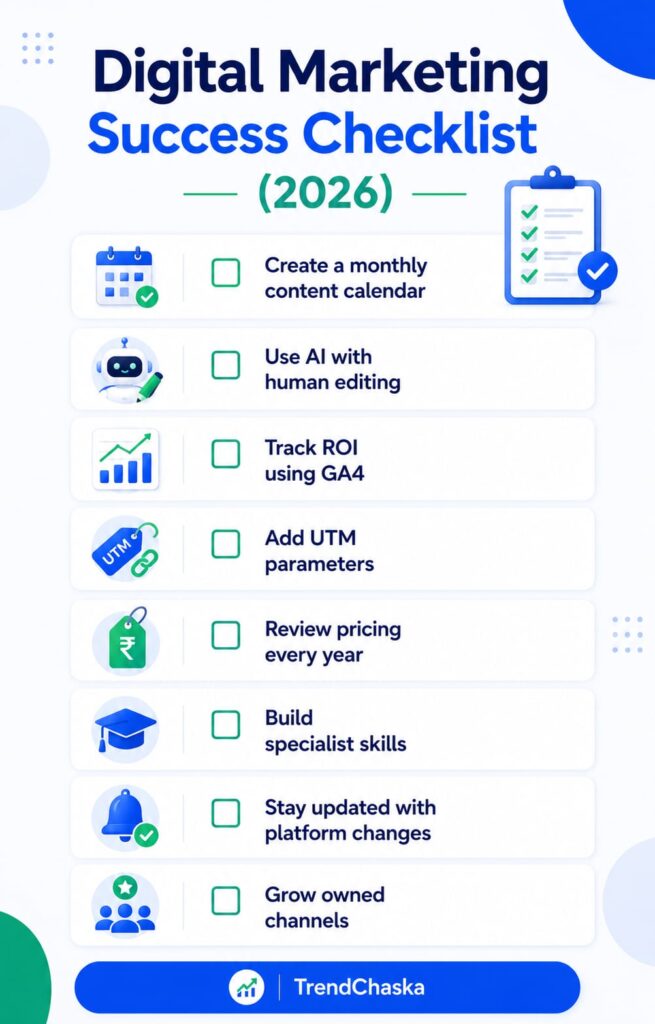 Digital marketing trends India checklist infographic covering content planning, AI with human editing, GA4 tracking, UTM parameters, pricing, specialist skills, platform updates, and owned channels.
