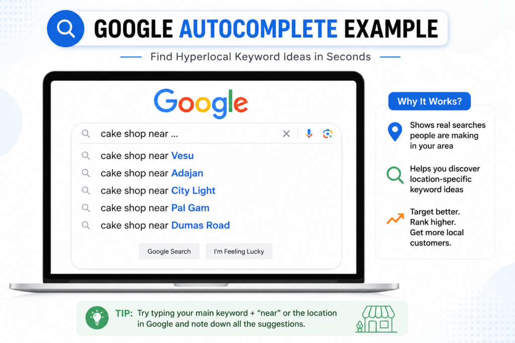 Google Autocomplete example for Hyperlocal Keyword Research for Indian Cities