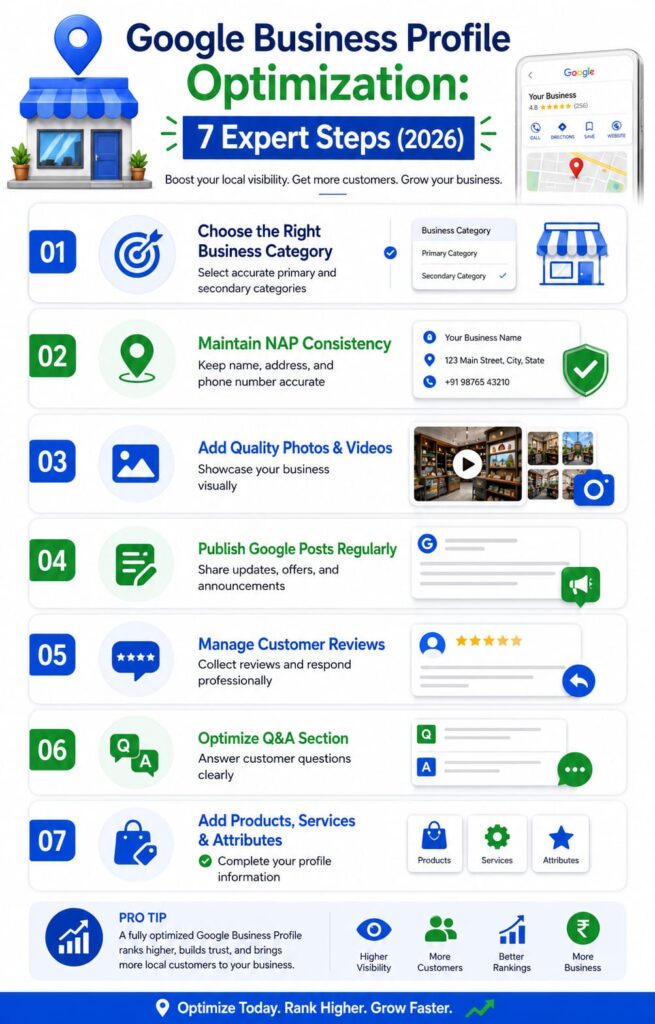 Google Business Profile Optimization infographic showing 7 steps to improve local rankings, visibility, reviews, and customer engagement in 2026