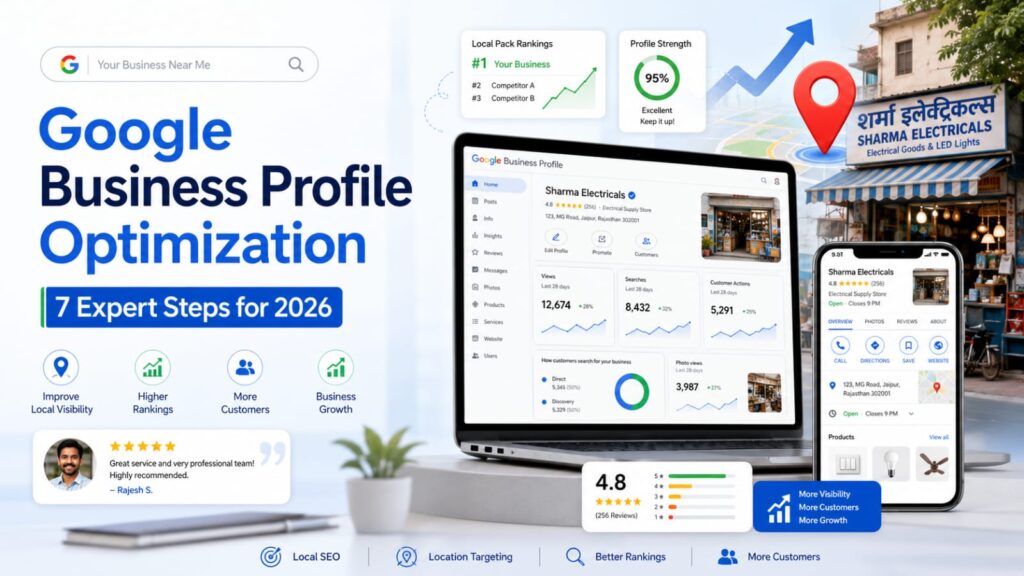 Google Business Profile Optimization guide showing a business profile dashboard, Google Maps ranking, reviews, and local SEO strategies for 2026