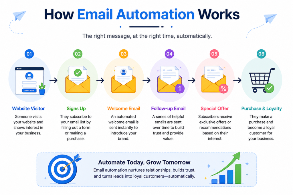 Email automation workflow showing how website visitors become loyal customers through automated email campaigns
