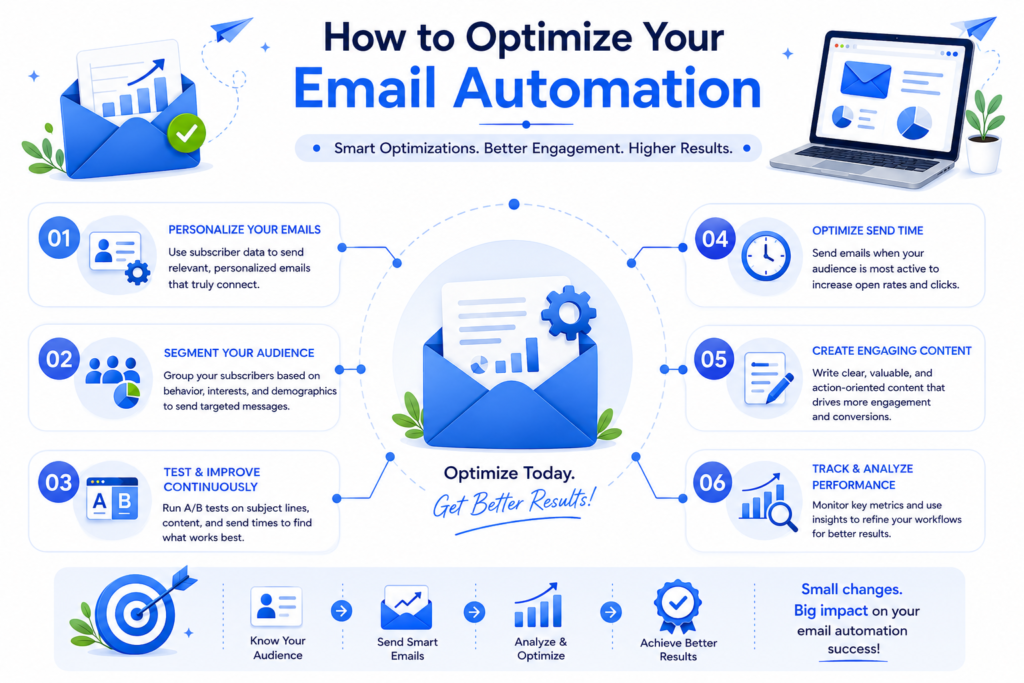 Infographic showing how to optimize email automation with personalization, audience segmentation, A/B testing, performance tracking, and send time optimization