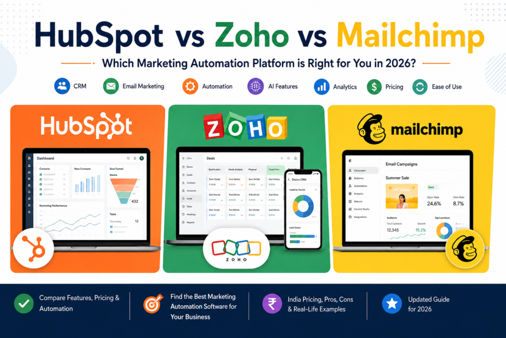 HubSpot vs Zoho vs Mailchimp comparison infographic showing CRM, email marketing, automation, AI features, pricing, and the best marketing automation software in India for 2026.