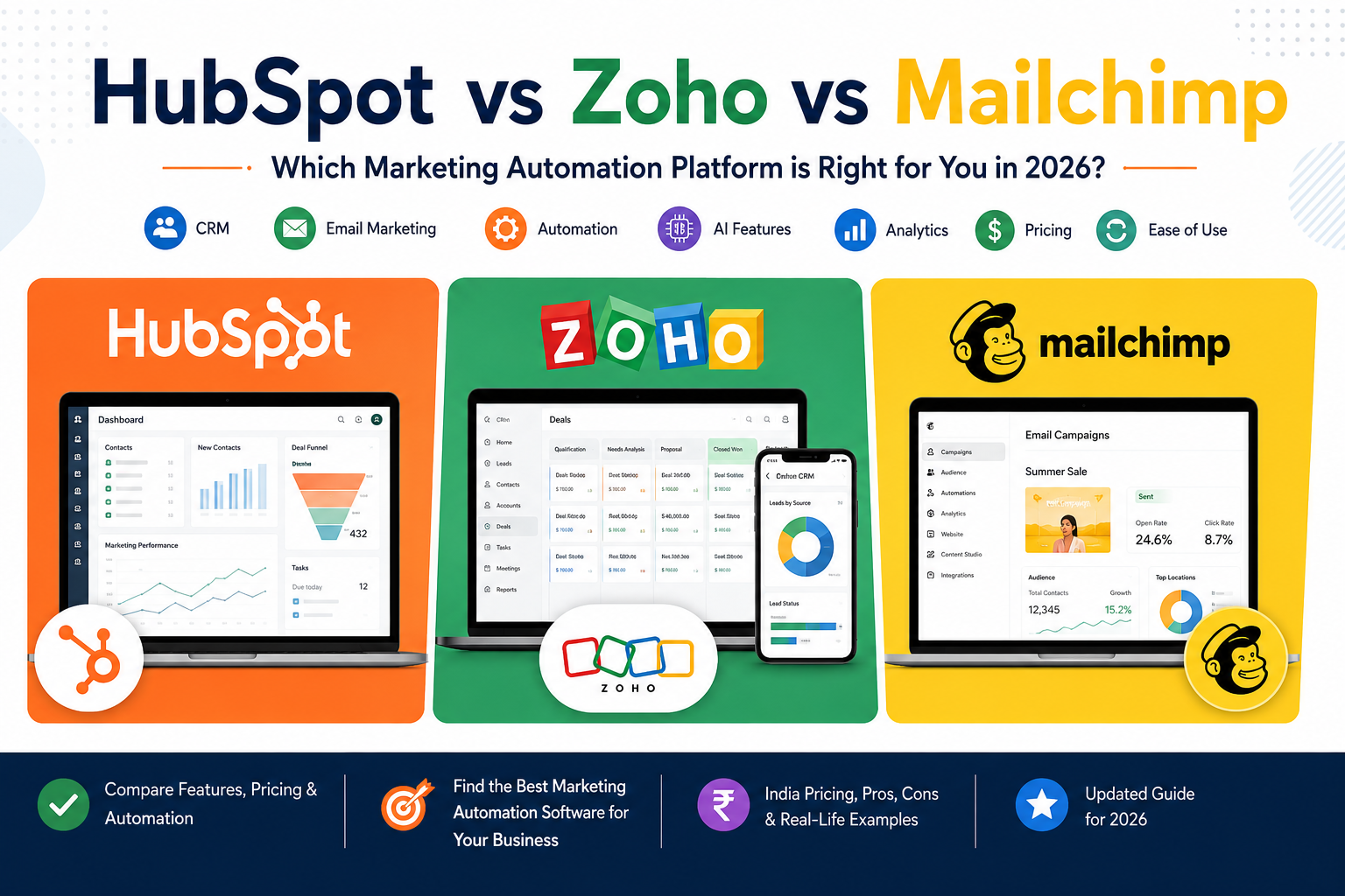 HubSpot vs Zoho vs Mailchimp comparison infographic showing CRM, email marketing, automation, AI features, pricing, and the best marketing automation software in India for 2026.