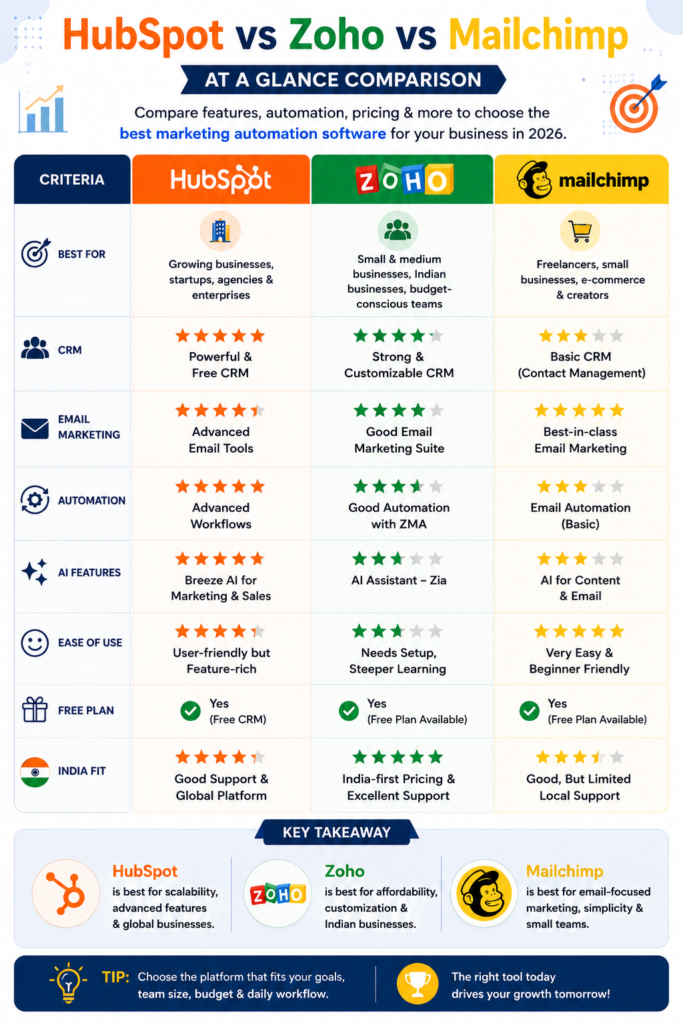 HubSpot vs Zoho vs Mailchimp comparison infographic showing CRM, email marketing, marketing automation software, AI features, pricing, ease of use, and India fit for businesses in 2026.