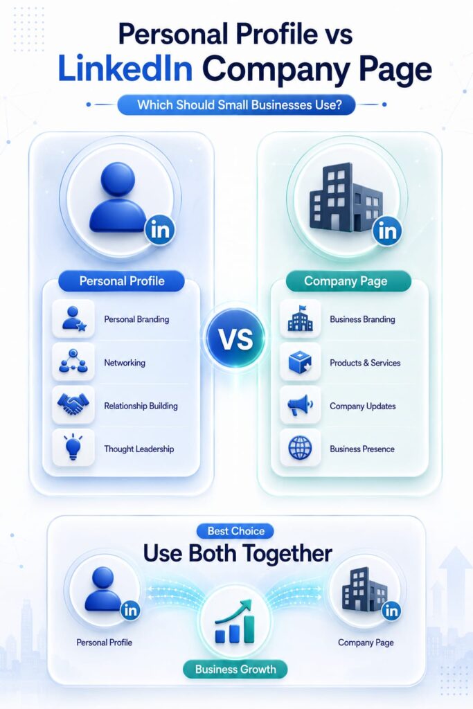 LinkedIn Company Page vs Personal Profile Comparison (2026) Comparison infographic of a LinkedIn company page and personal profile for B2B LinkedIn marketing, showing branding, networking, business presence, and lead generation benefits.