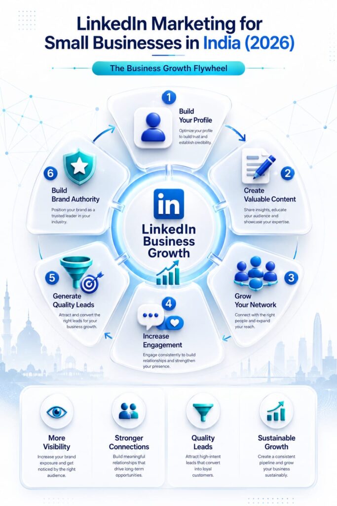 LinkedIn Marketing Guide 2026: Business Growth Flywheel LinkedIn marketing guide 2026 infographic illustrating the business growth flywheel through profile optimization, content marketing, networking, engagement, lead generation, and brand authority.
