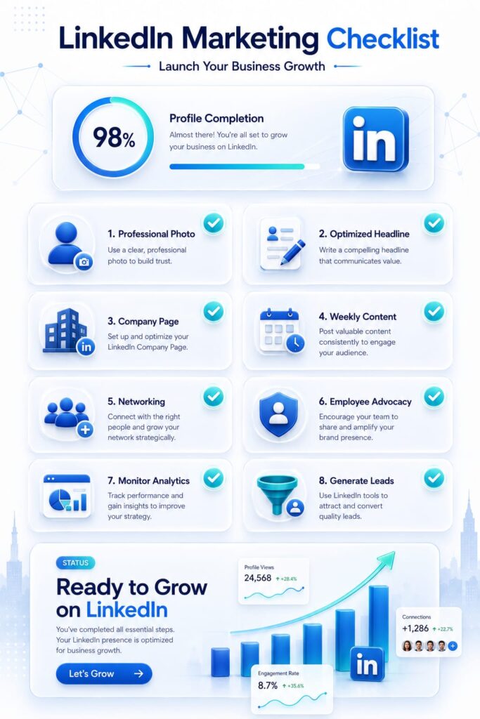 LinkedIn Marketing Guide 2026: Small Business Checklist LinkedIn marketing guide 2026 checklist infographic for small businesses covering profile optimization, LinkedIn company page, networking, content creation, analytics, and lead generation.