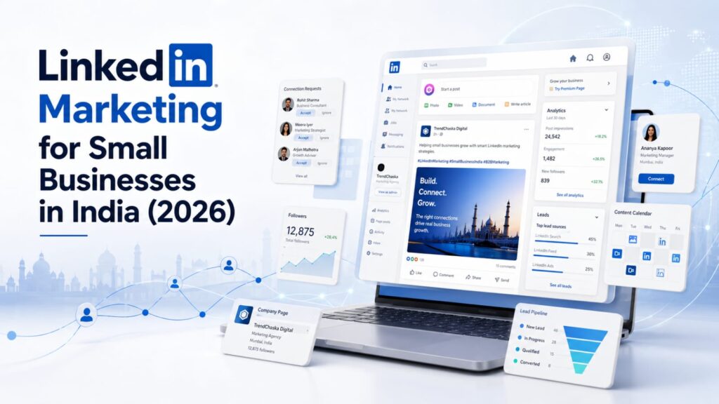 LinkedIn marketing for small businesses in India showing a LinkedIn business dashboard, networking, lead generation, analytics, and company page growth in 2026.